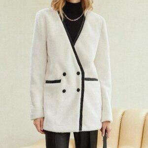 luxury faux leather detailed fuzzy jacket elegant